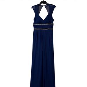 Blondie Nites Navy and Silver Grecian-Style Prom Dress